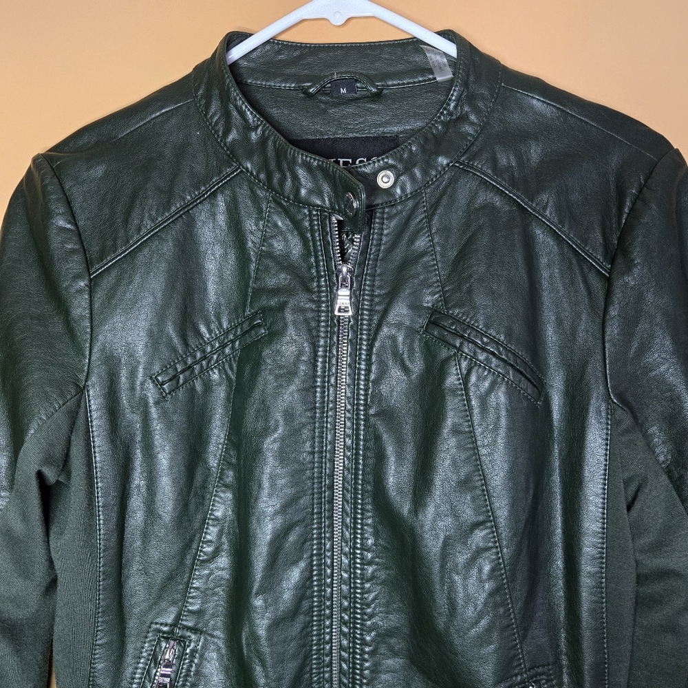 Guess Green Bomber Biker Vegan Leather Jacket Floral Liner PTP=18"